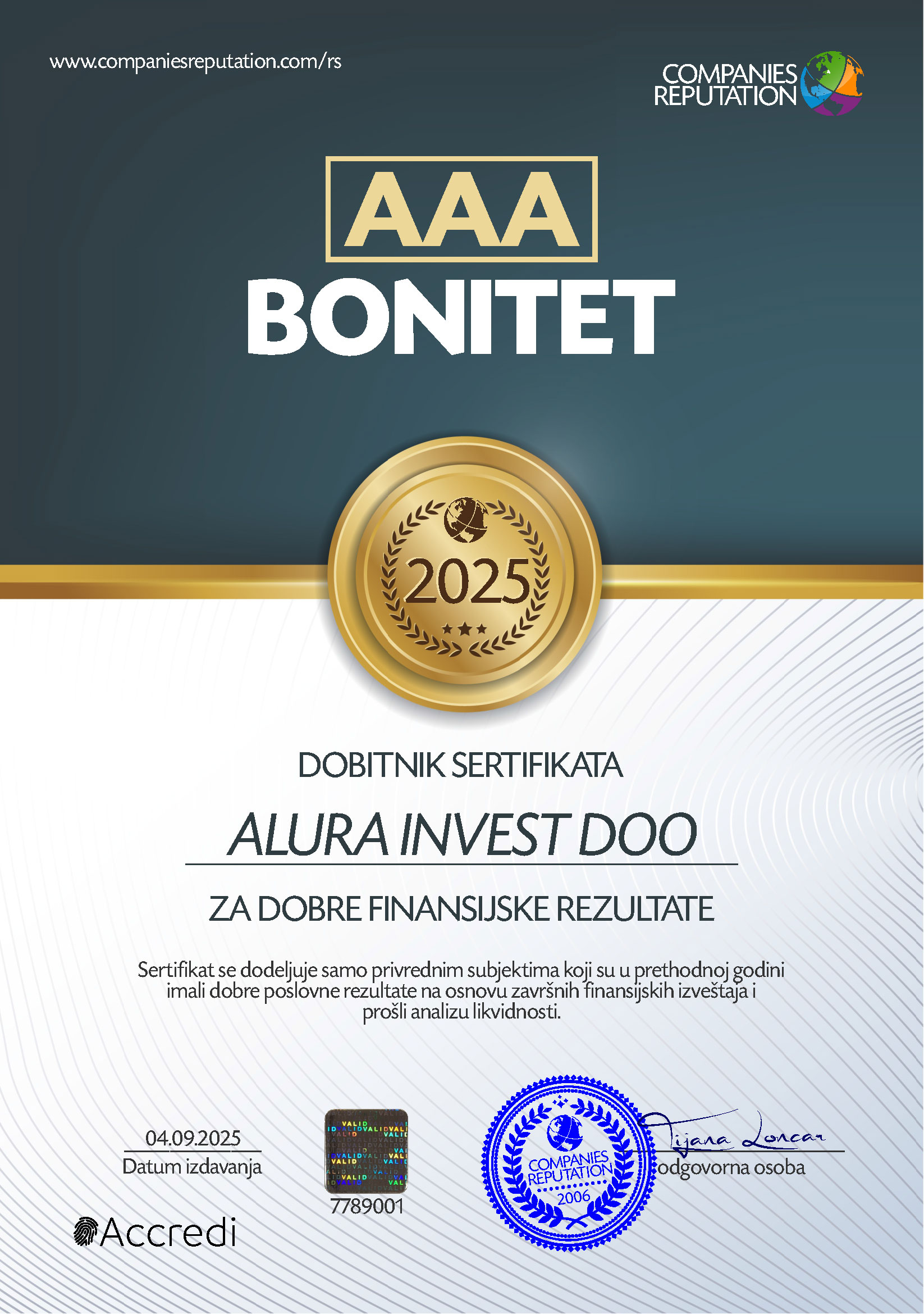 sertifikat A za bonitet alura invest